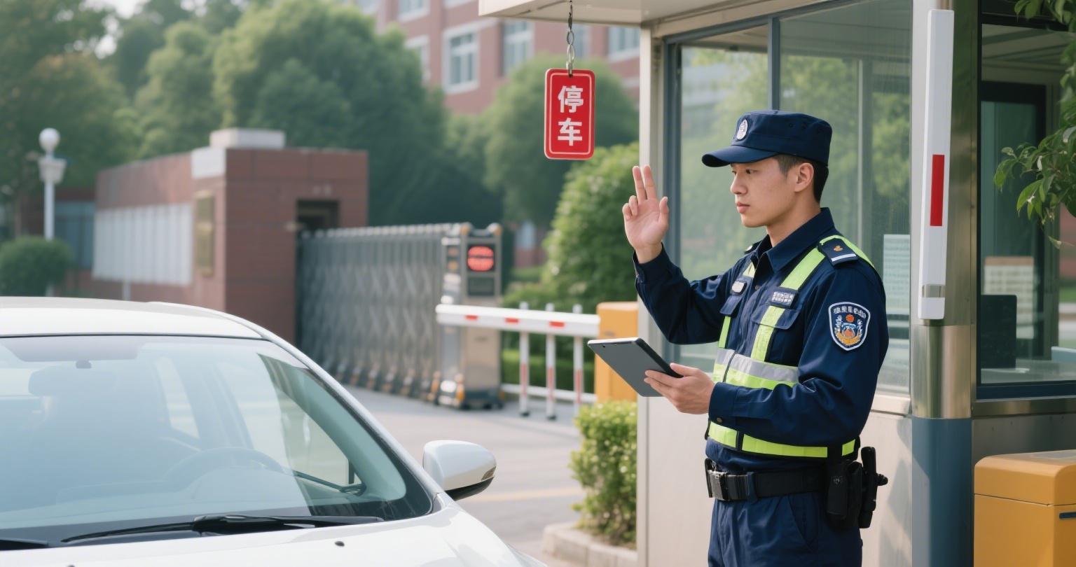  Security checking cars with hanging parking tags.